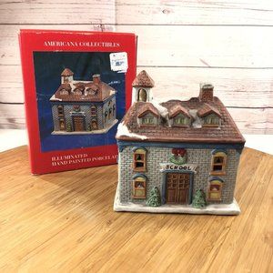 American Collectibles Lighted Village School House Vintage 1990 Porcelain w/ box